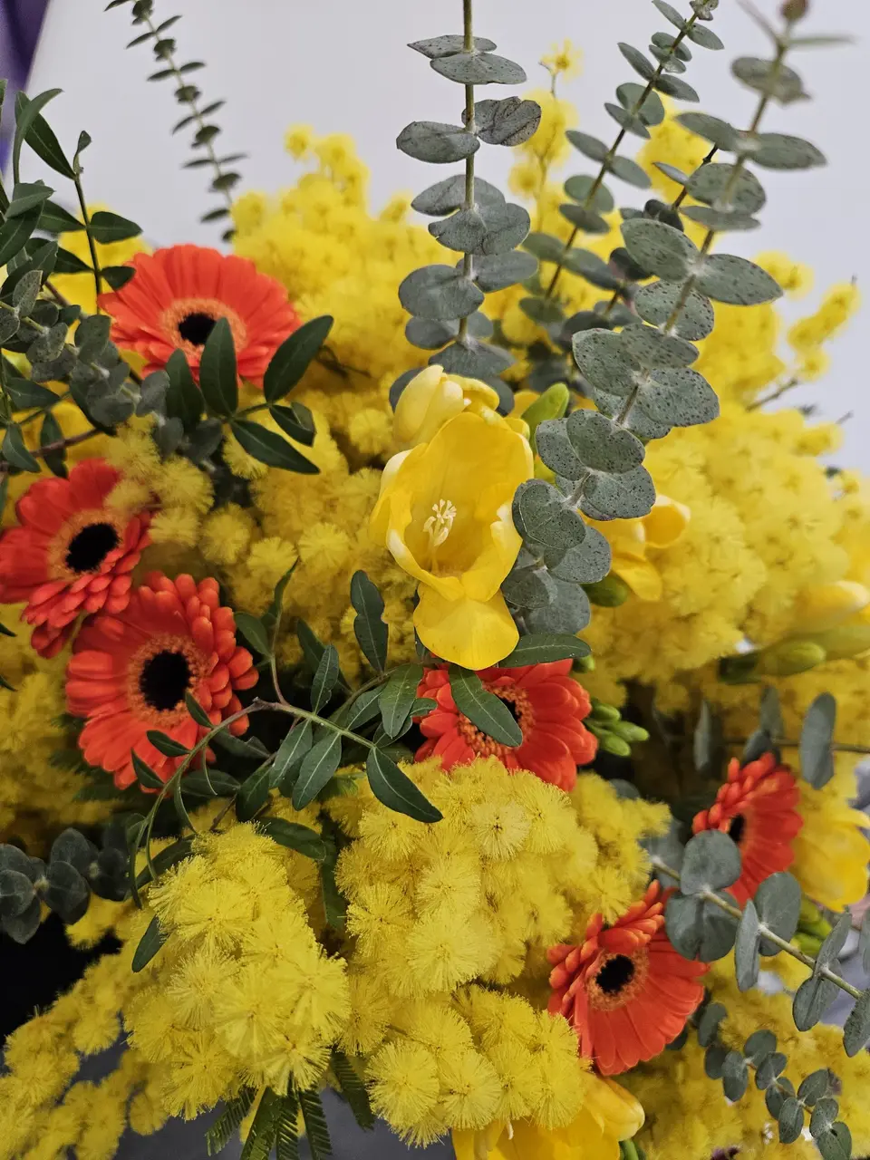 Bouquet de mimosa, eucalyptus et gerberas orange