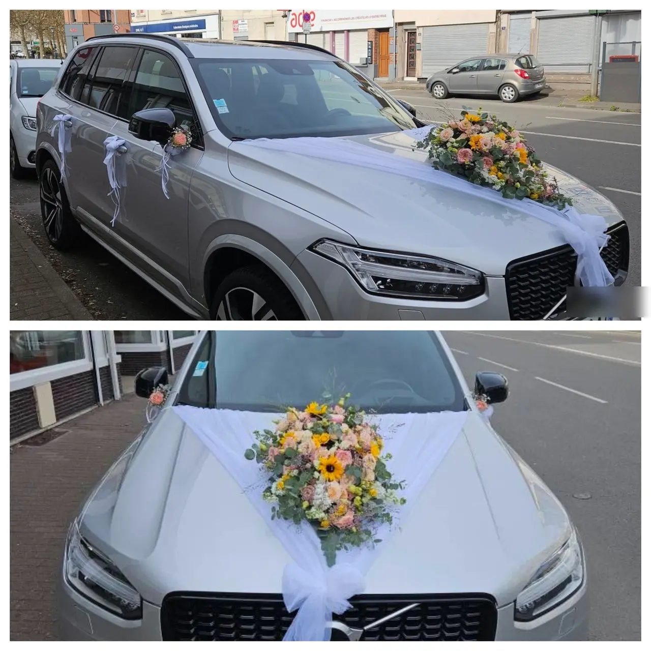 Voiture des mariés décorée : composition de roses pêche, tournesols et eucalyptus sur le capot, tulle blanc et nœuds aux poignées